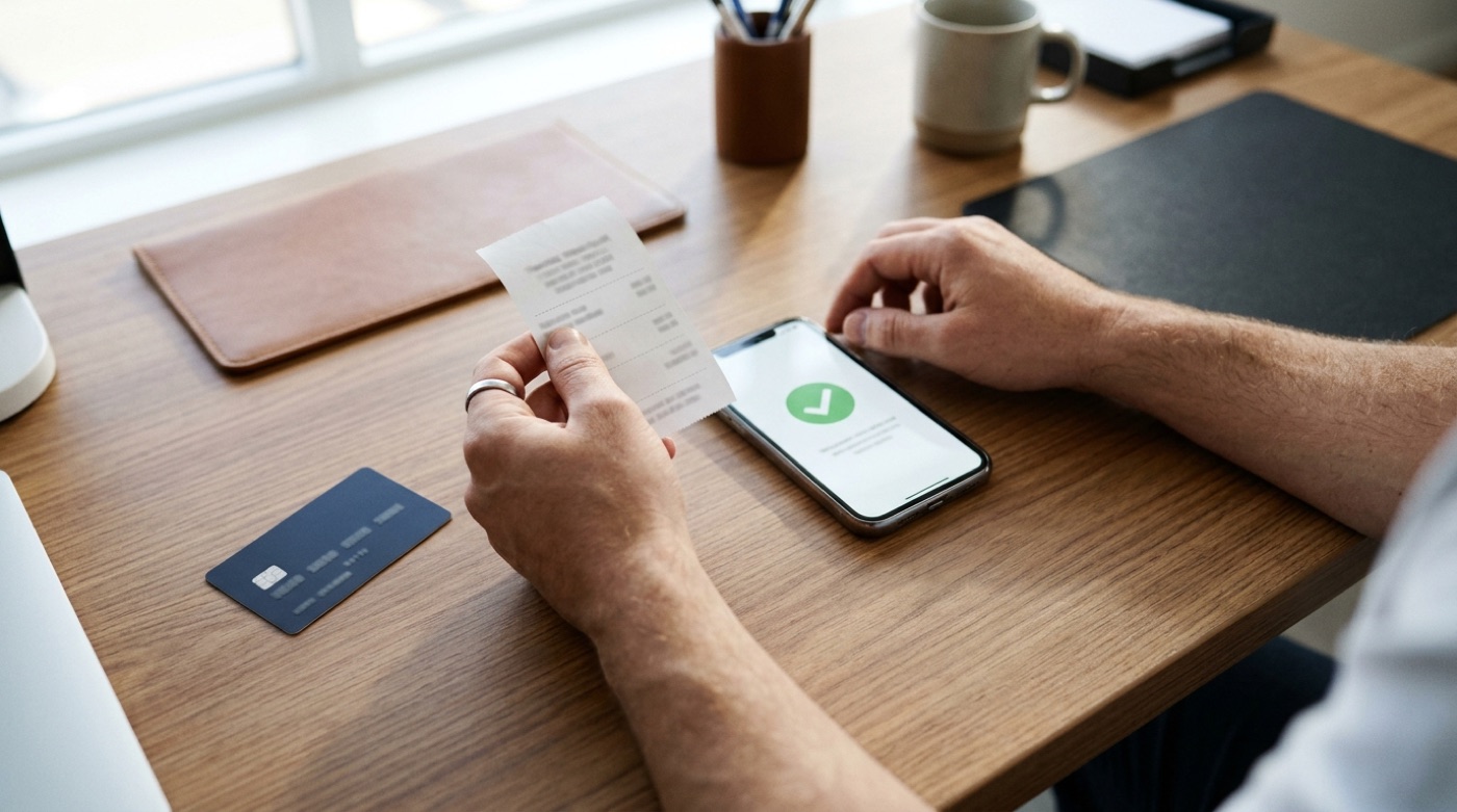 An accountant holds a paper receipt next to a smartphone showing a green verification check, a company card on the desk