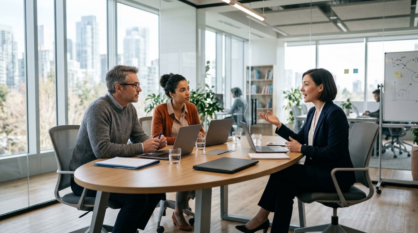 A finance team discusses expense policy around a meeting table in a bright office
