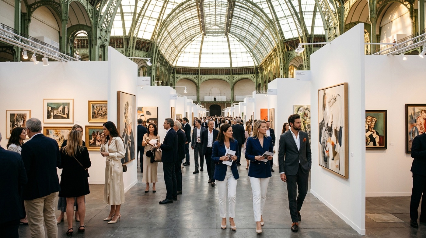 Collectors browsing paintings at a VIP art fair preview beneath a soaring glass roof