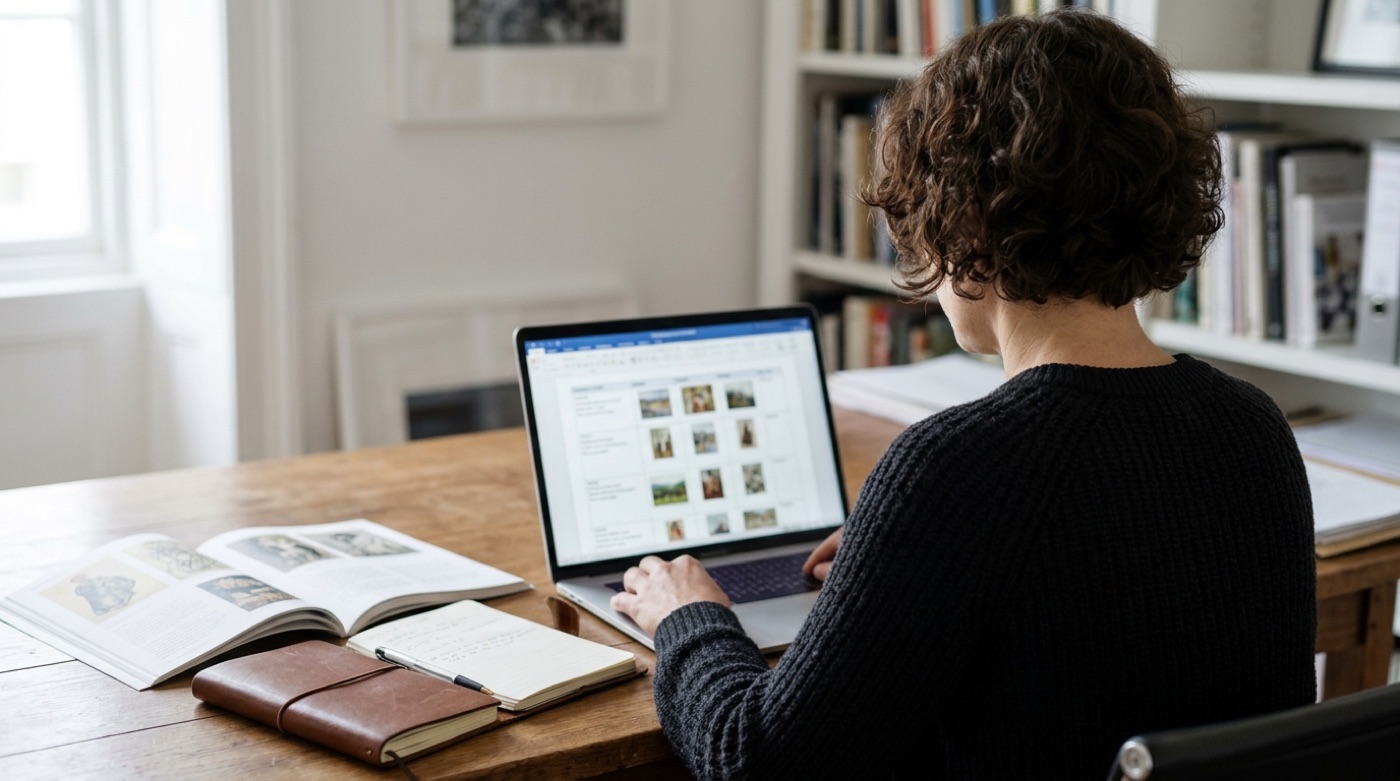 A gallery salesperson reviewing a collector list with artwork thumbnails on a laptop, catalogues on the desk