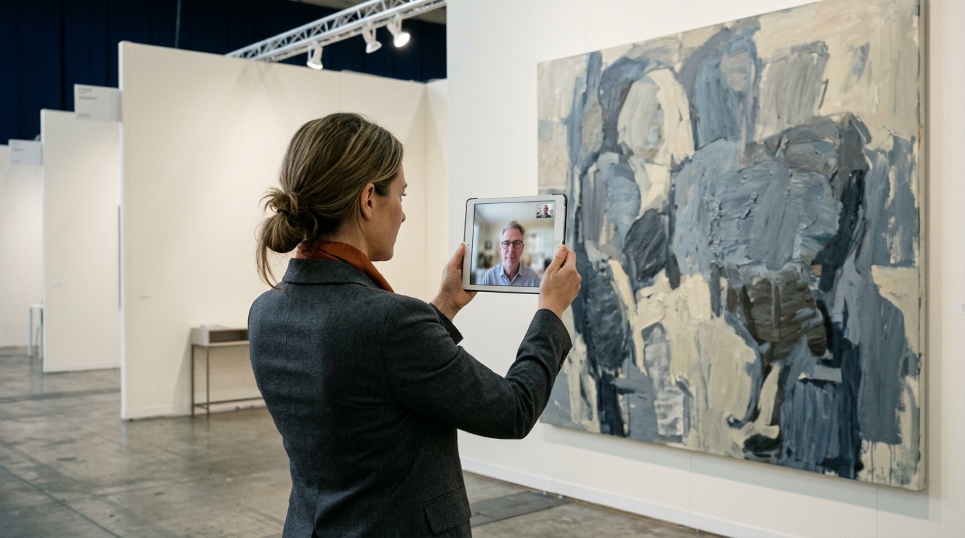 A gallerist holding up a tablet at a fair booth to show a large painting to a remote collector by video