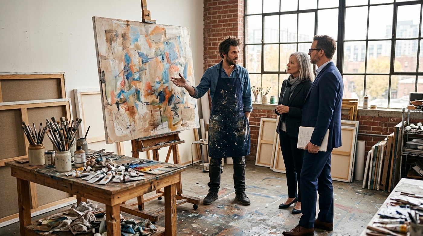 An artist presenting a work on the easel to a collector and a gallery representative in the studio