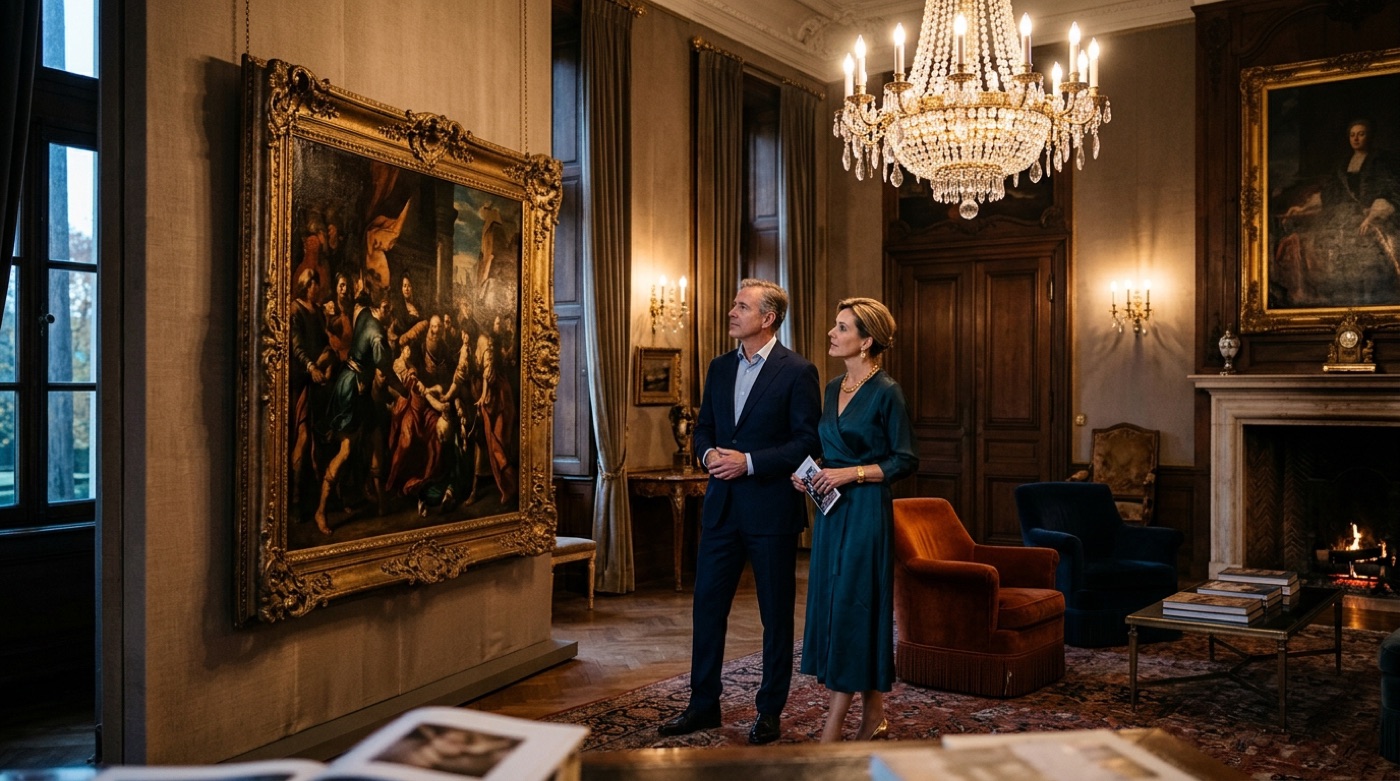 A collector couple admiring an old master painting in a private salon beneath a crystal chandelier