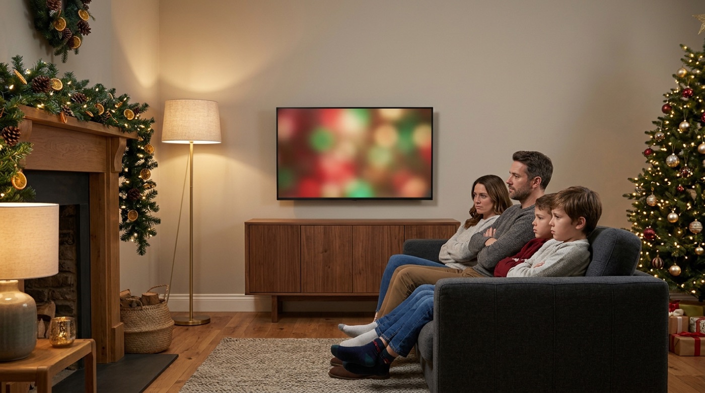 A family in a Christmas-decorated living room watching a holiday ad on TV, looking unconvinced
