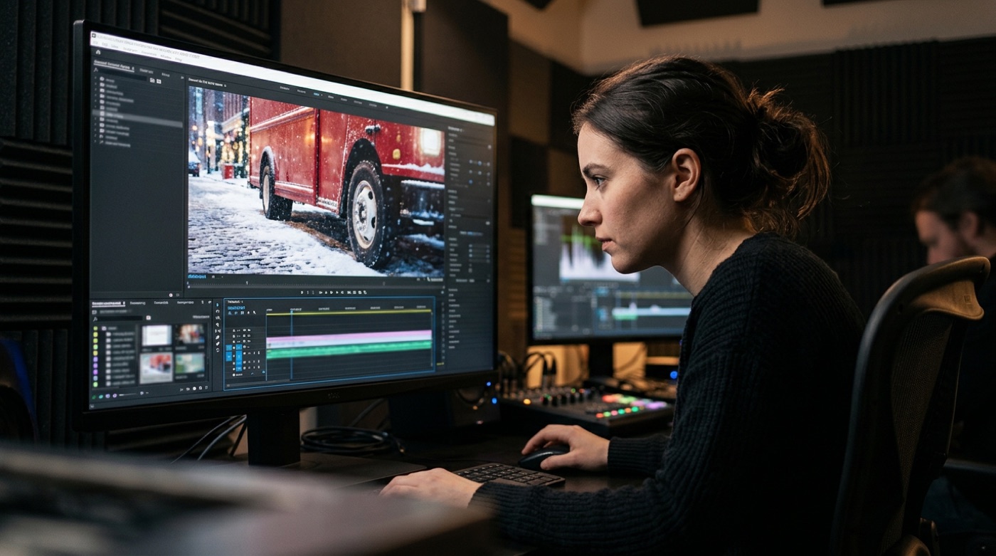 An editor checking a holiday ad frame by frame, zoomed in on a truck's wheels