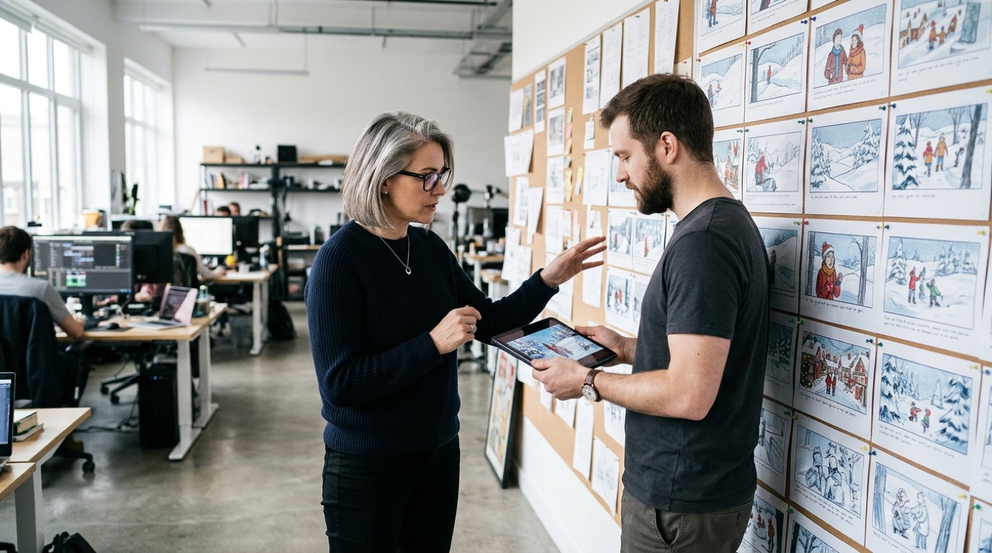A creative director and storyboard artist discussing winter holiday storyboards on a studio wall