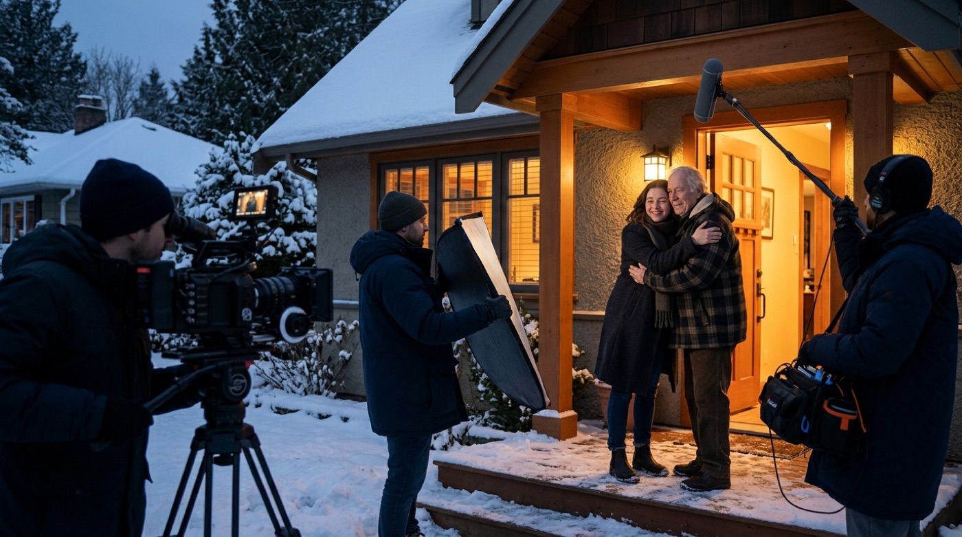 A film crew shooting a daughter hugging her father at the door of a snowy house at night