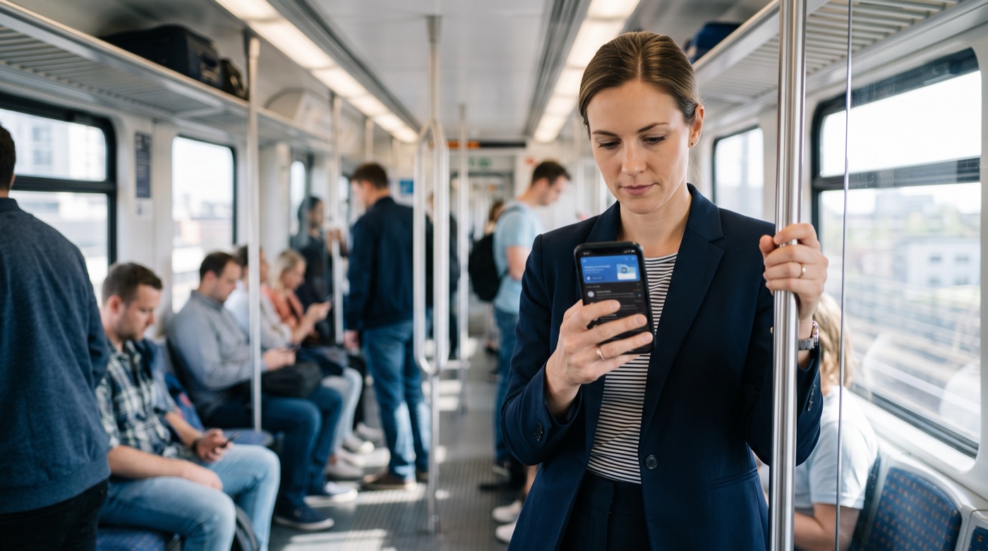 A woman on her commute checking the mail app on her phone, with an AI-generated summary at the top of the screen