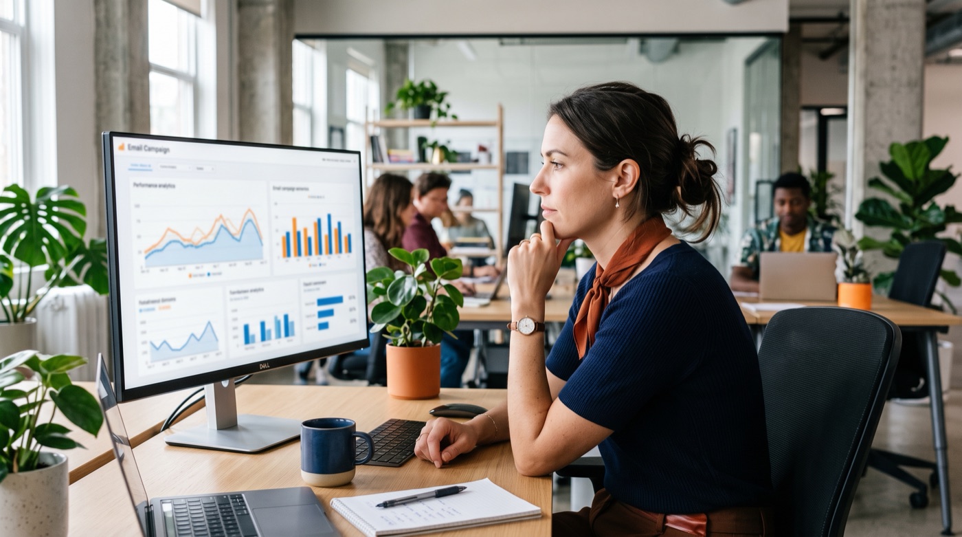 A marketer at her desk studying an email performance report, thinking it through