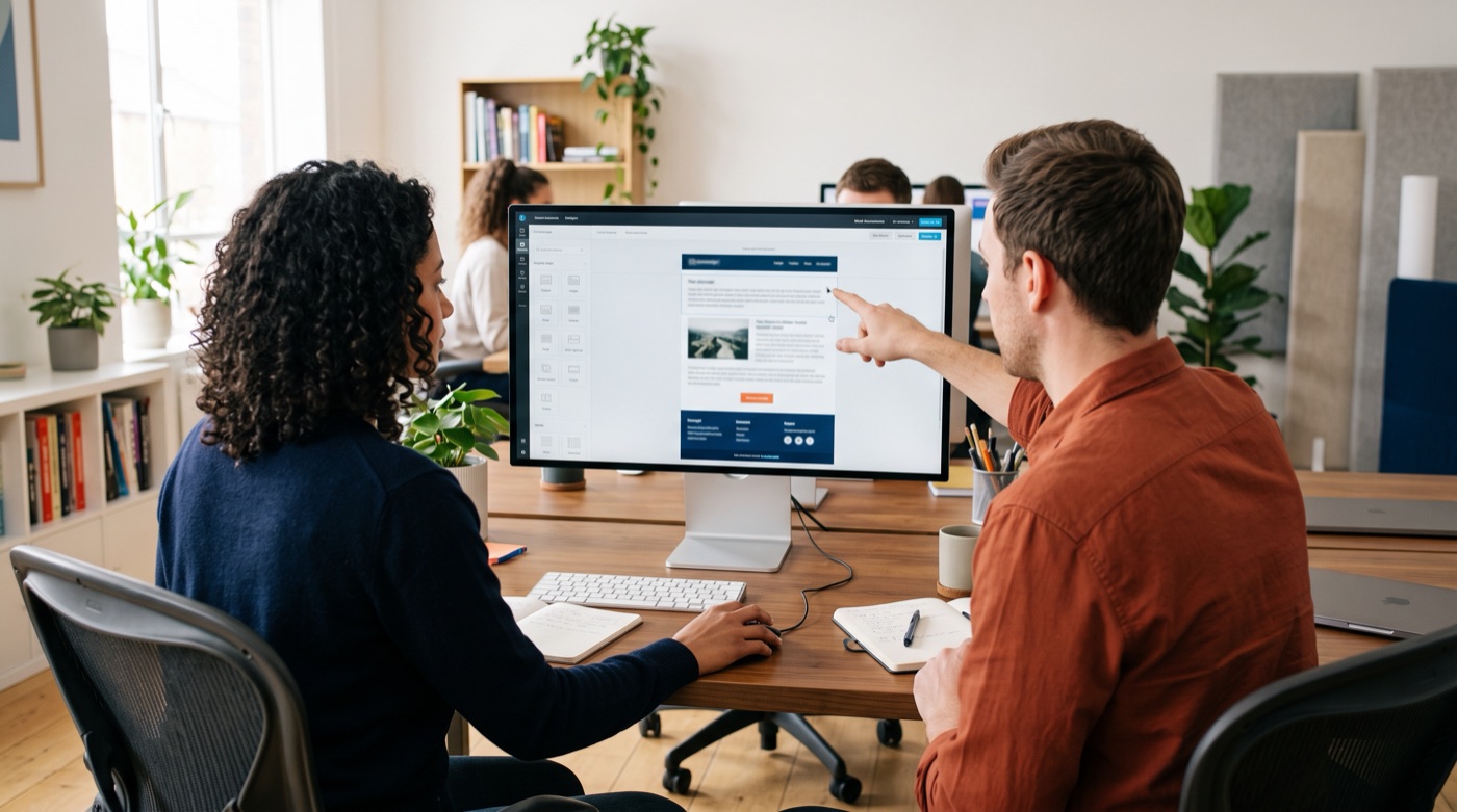 A designer and a copywriter at a monitor reworking an email layout, moving the key paragraph to the top