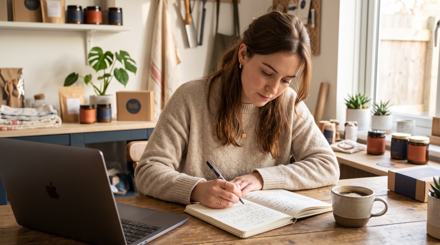 A brand owner in her studio handwriting a newsletter draft, with products and a cup of coffee on the table