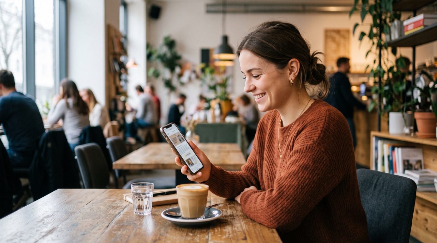 A café customer smiling at a brand newsletter on her phone, a freshly served coffee on the table
