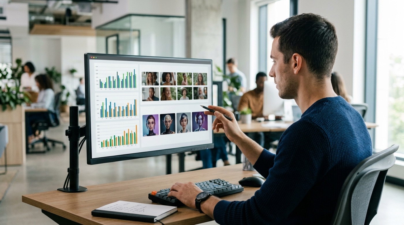 A marketing analyst in an office looking at consumer survey charts and two sets of video ad thumbnails on a large screen