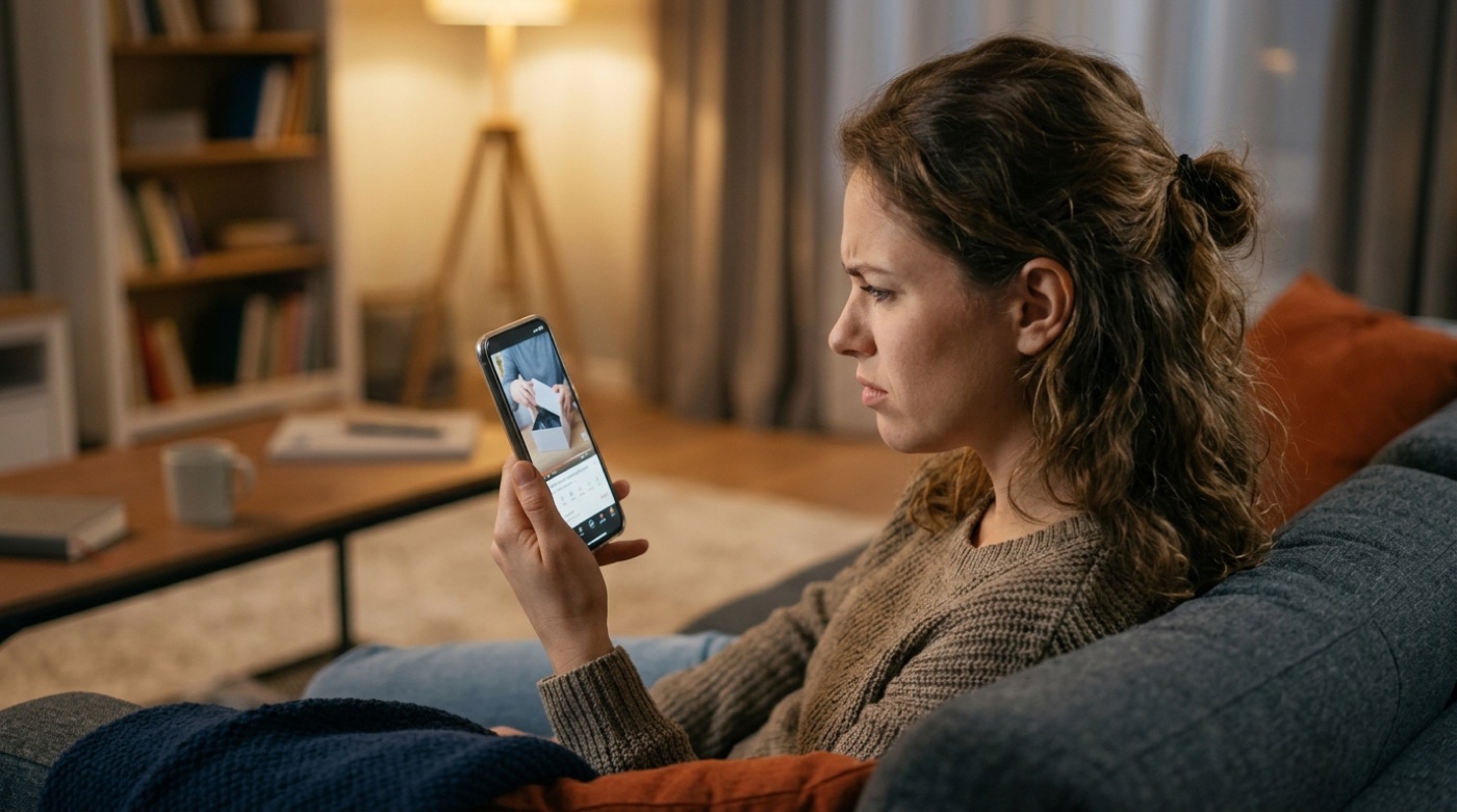 A young woman on a sofa frowning as she closely examines a product unboxing short video on her phone
