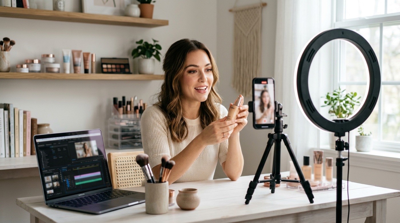 A real beauty creator recording a product introduction in a bright home studio corner with a ring light and phone, a laptop with video editing software open nearby