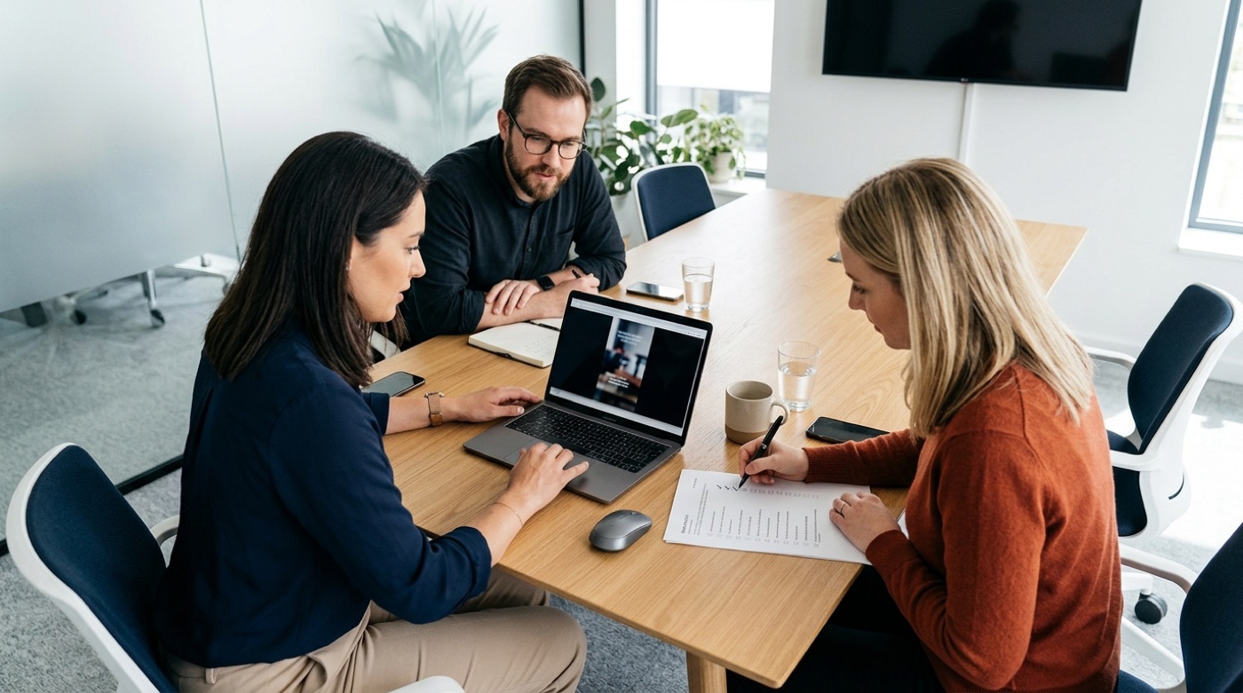 A brand team in a meeting room reviewing a short video ad frame by frame on a laptop, one person ticking a printed checklist