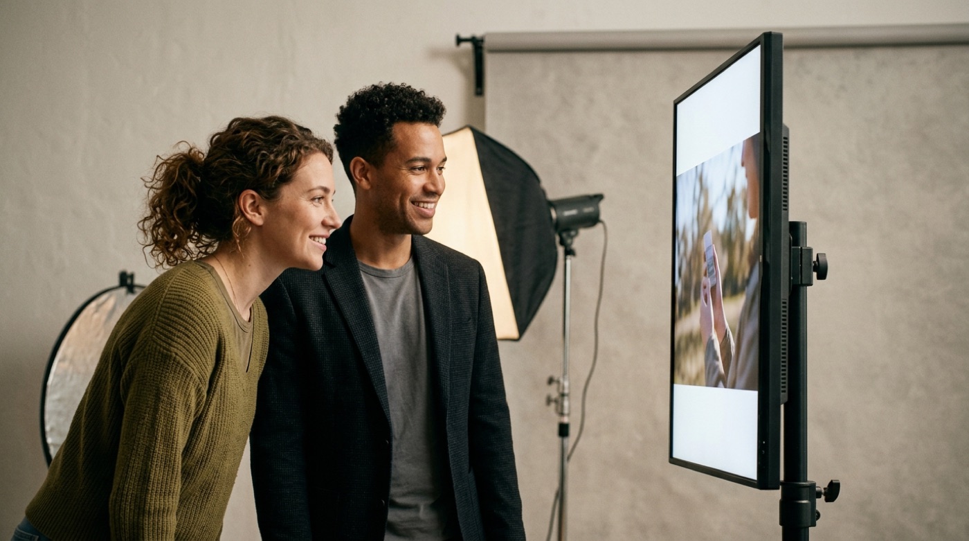 A real creator and a brand marketer standing side by side in a studio, both smiling as they watch the finished video on a monitor