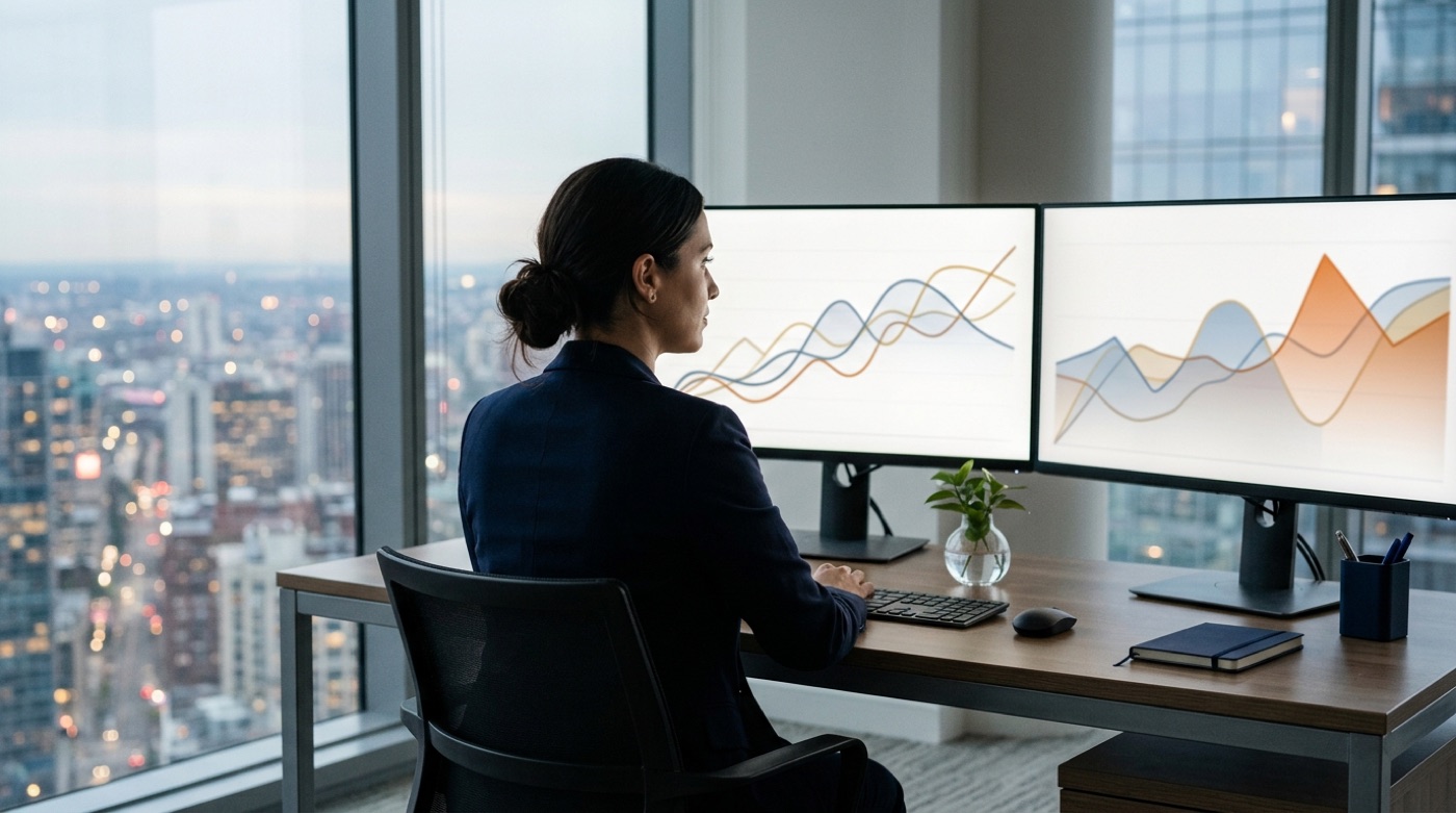 An analyst in a high-rise office studying price trend charts on two monitors
