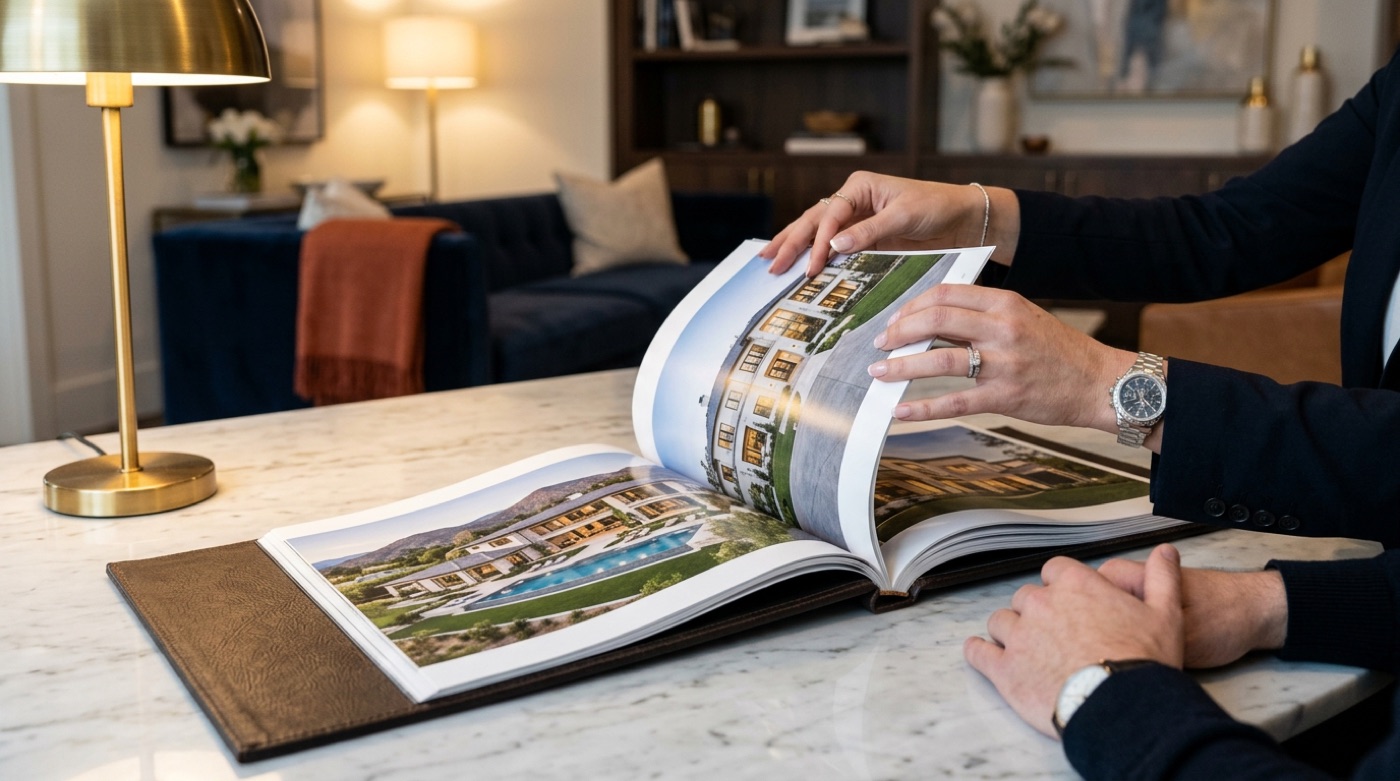 An agent turning pages of a book of private luxury home photographs for a client