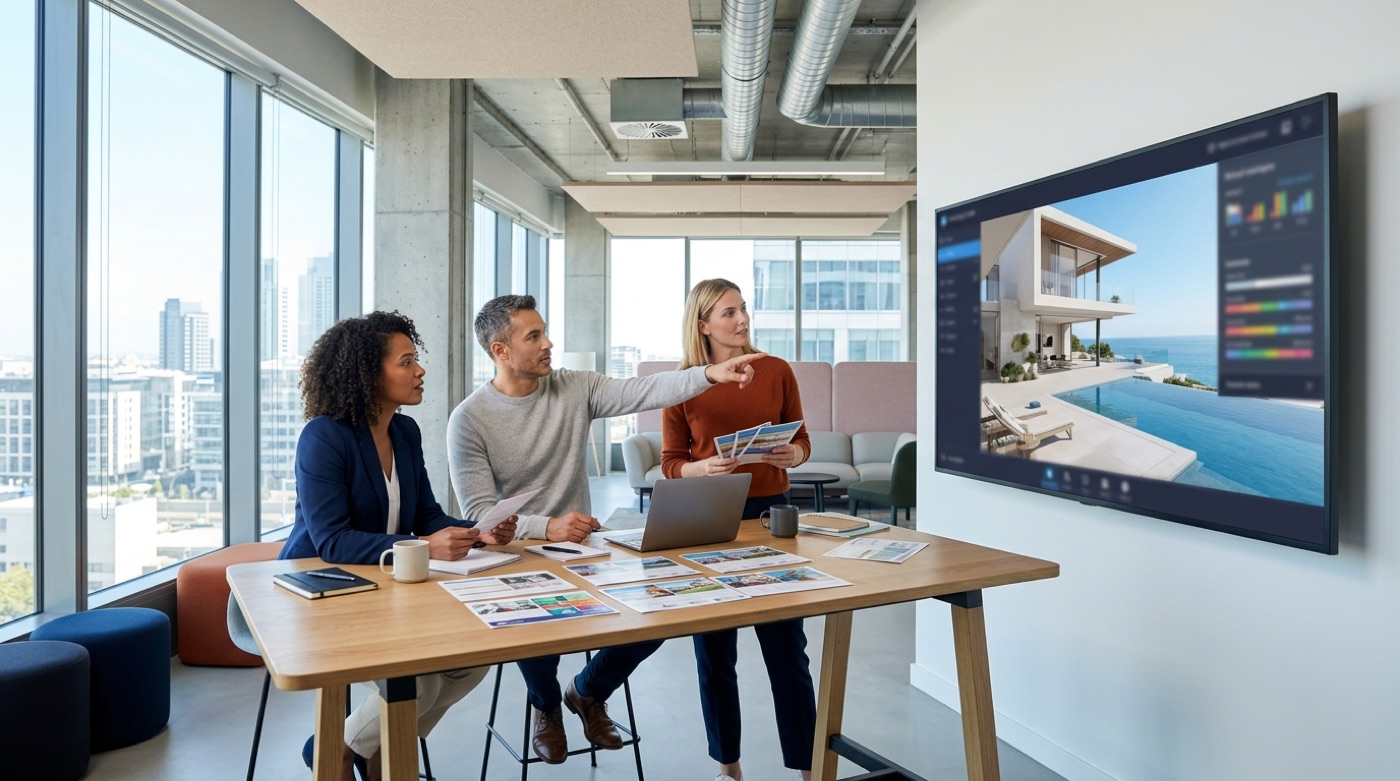 A marketing team reviewing a luxury villa 3D tour and buyer segment cards on a wall screen