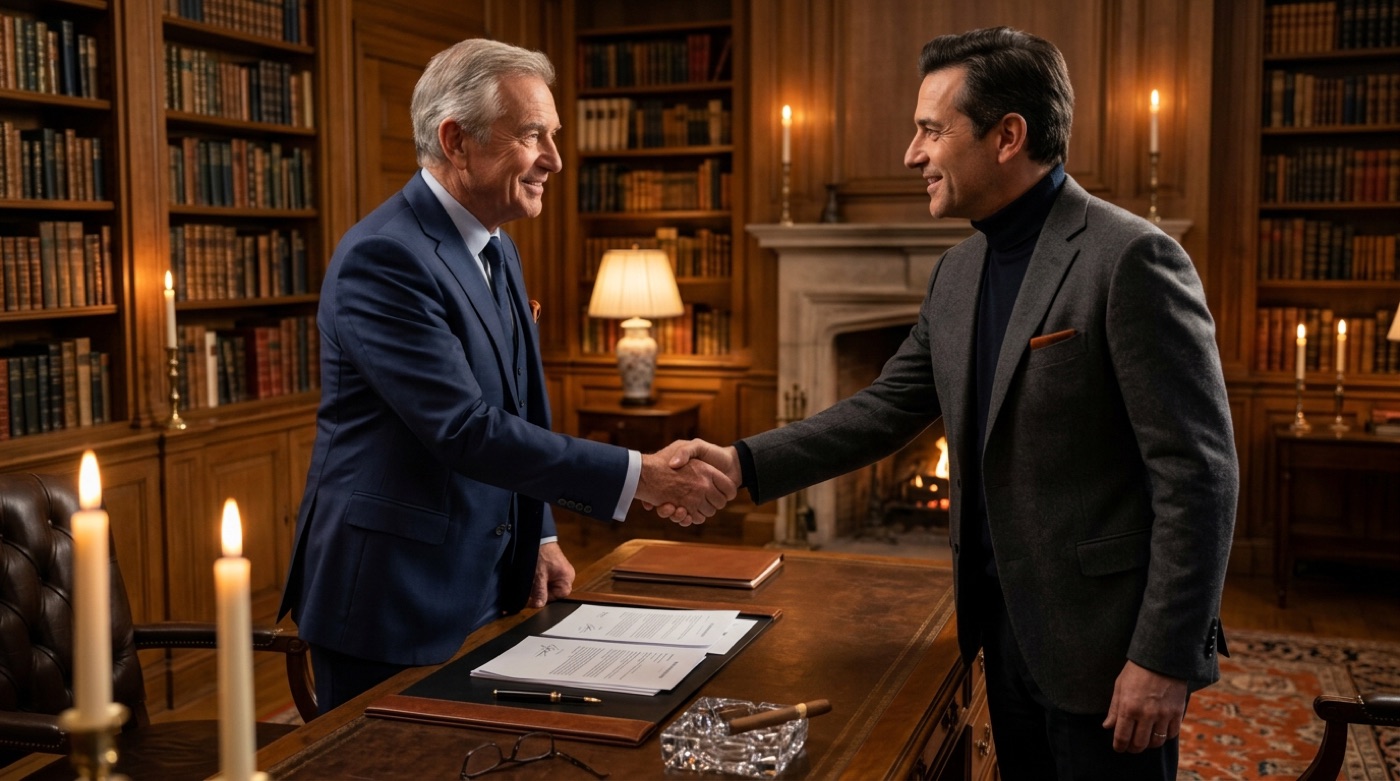 A senior advisor and a client shaking hands over a leather desk in a candlelit library