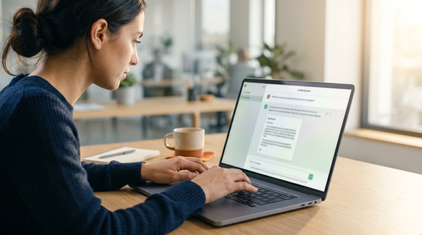 A marketing manager at her desk asking an AI assistant on a laptop to draft a document
