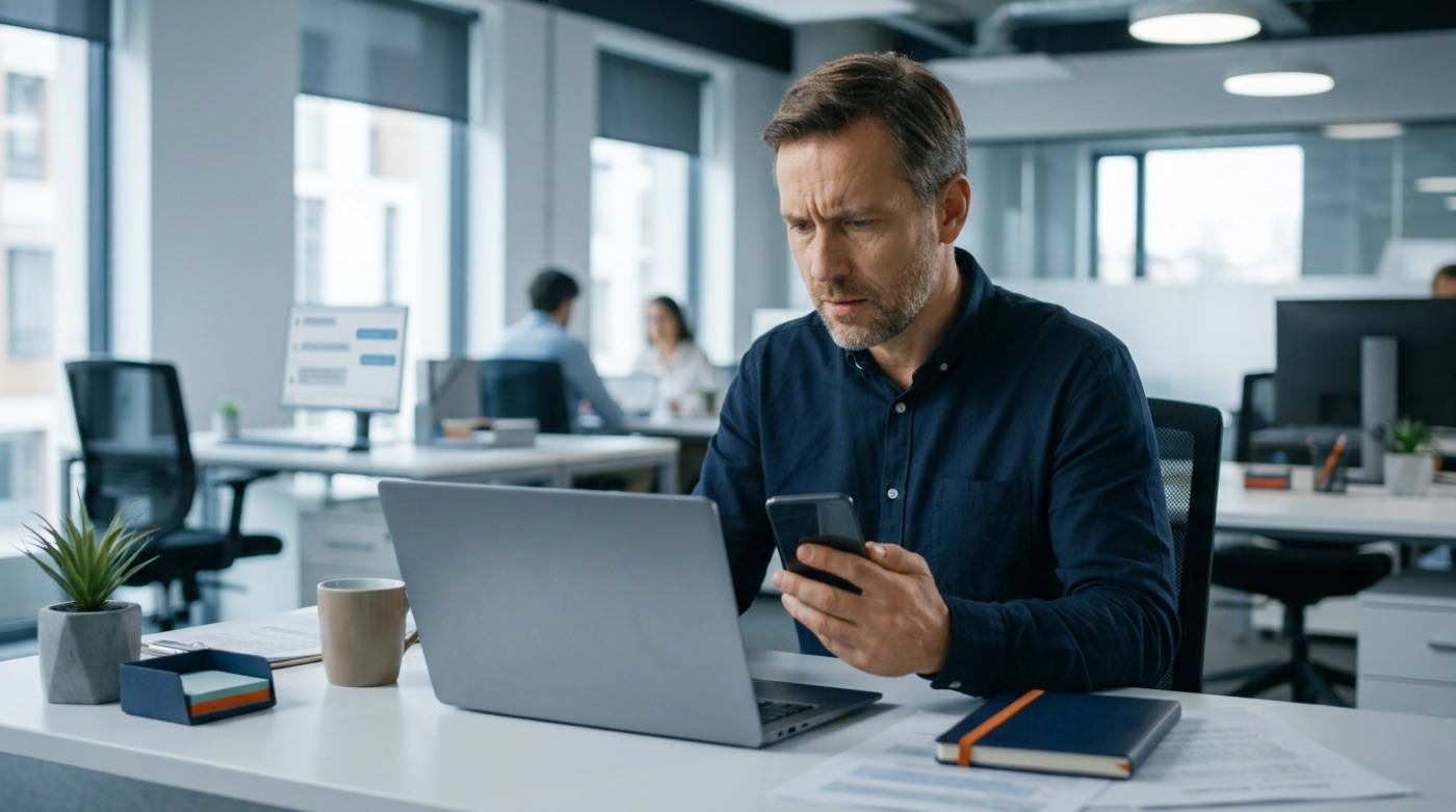 An IT manager frowning at his personal phone in the office, with a company laptop beside him