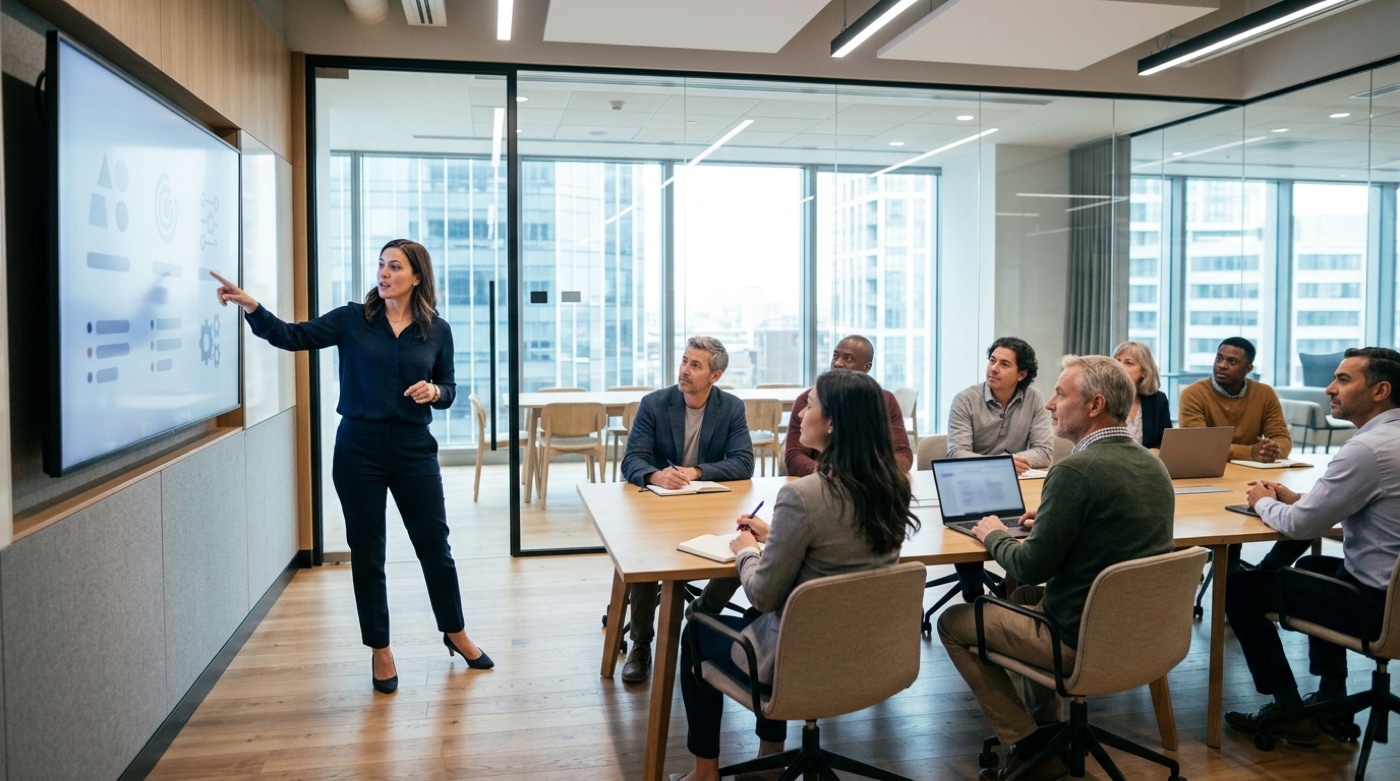 An HR manager in a meeting room pointing to a large screen as she explains AI usage rules to colleagues