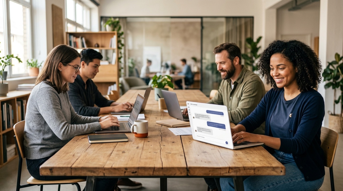 Four colleagues working together at a long wooden table, one smiling at an AI assistant chat on her laptop