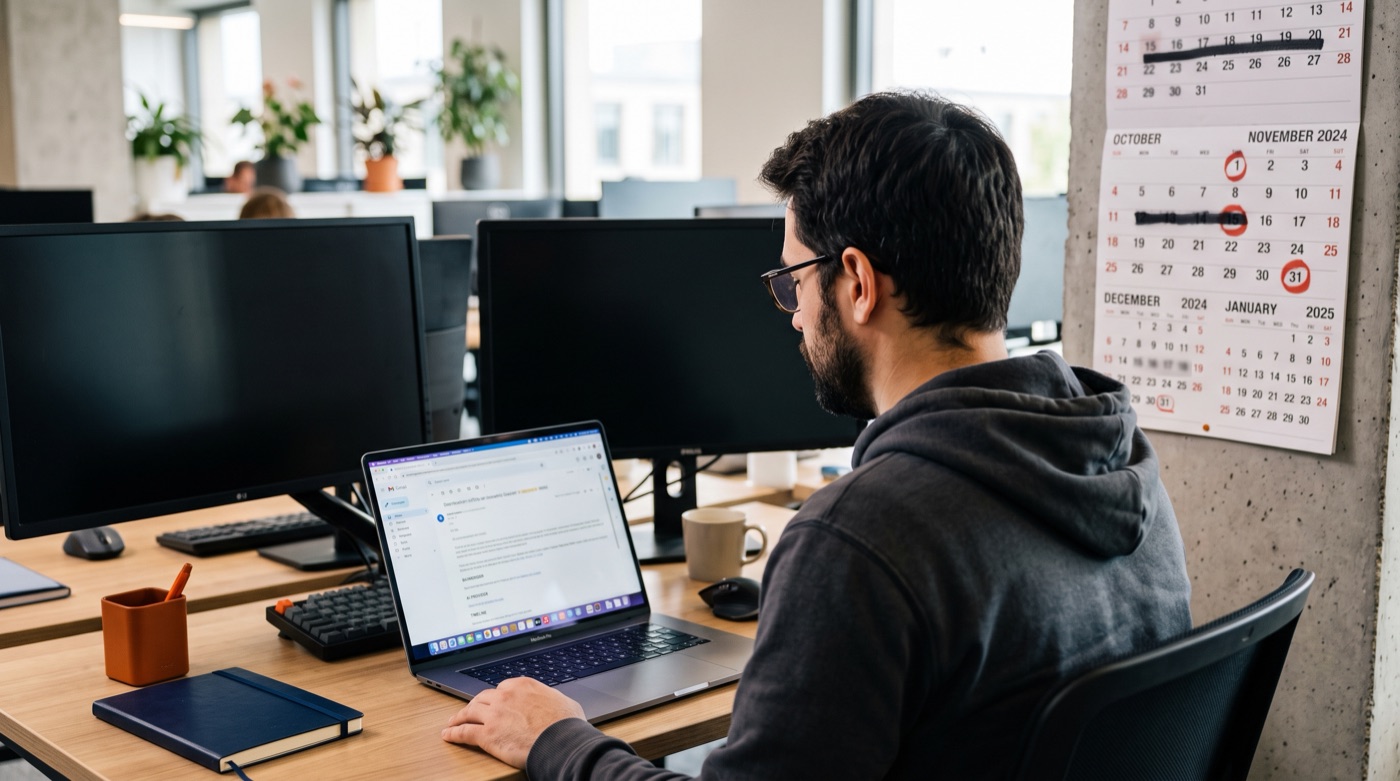 A developer reads an AI provider's deprecation notice while a wall calendar marks several shutdown dates