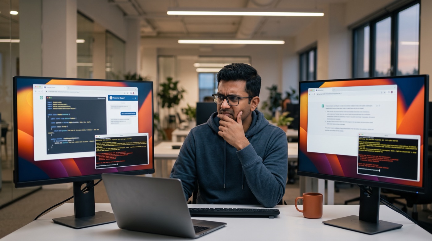 An engineer frowns at two screens where an old and a new AI model answer the same prompt in different formats