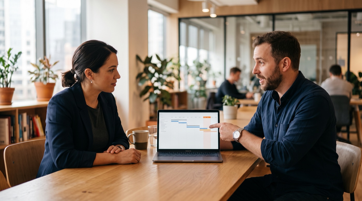 A business owner and a developer discuss a project timeline on a laptop with a future model replacement date highlighted