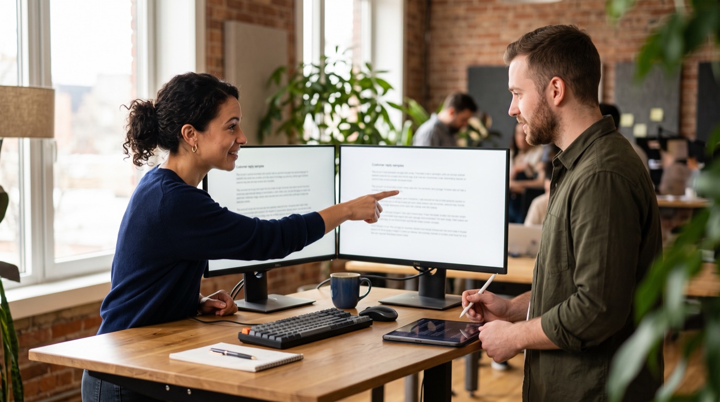 A shop owner points at the AI reply samples that best match the brand tone while a developer looks on