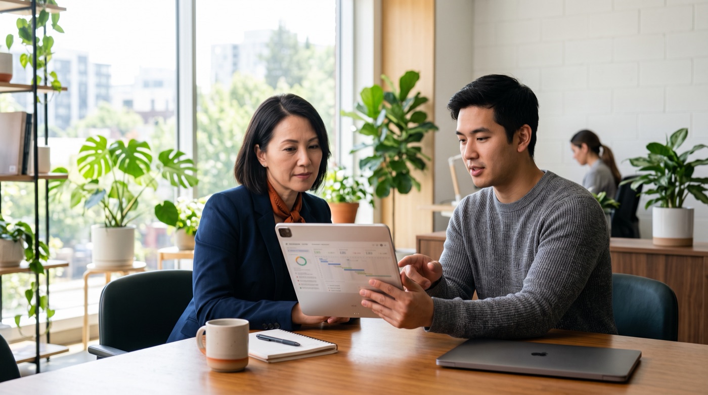 A business owner reviews a maintenance plan with a developer on a tablet in a bright office