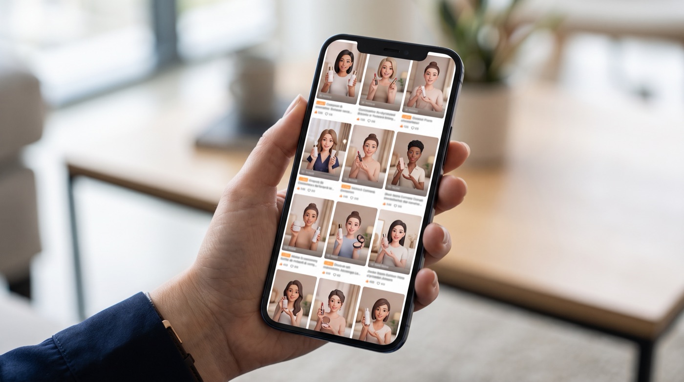 A phone screen filled with near-identical shopping videos hosted by AI-generated avatars.