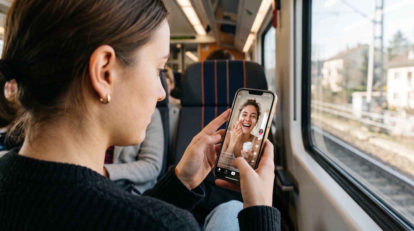 A commuter on a train stops scrolling on a video of a real creator trying a skincare product.