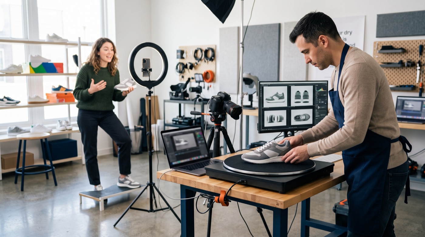 A staff member films a sneaker on a turntable for AI-assisted videos while a real creator records a try-on review.