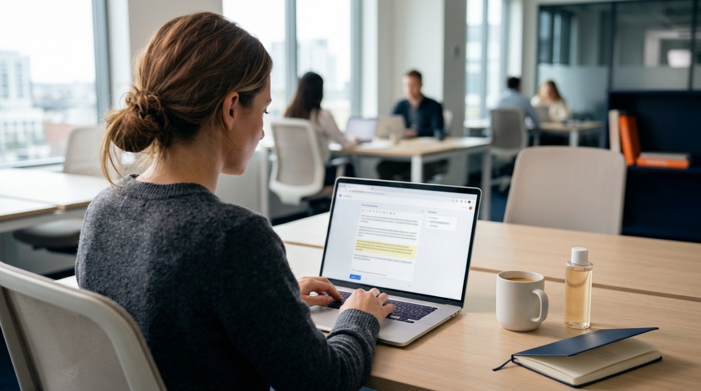 A marketing specialist in a bright office using an AI tool on a laptop to organize social media post drafts, product samples beside them