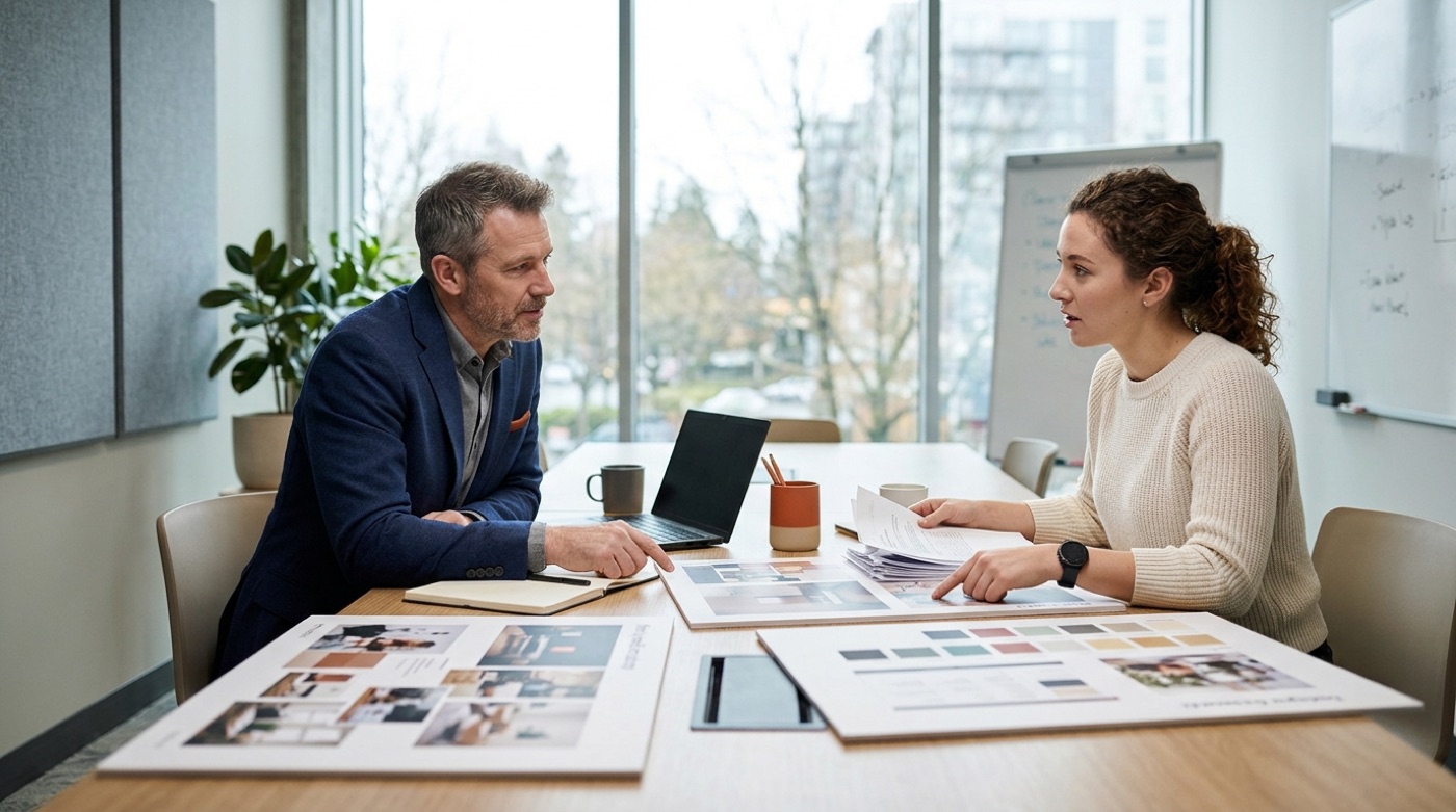 A business owner and an outside consultant sitting at a meeting table with brand proposal materials spread out, deep in discussion