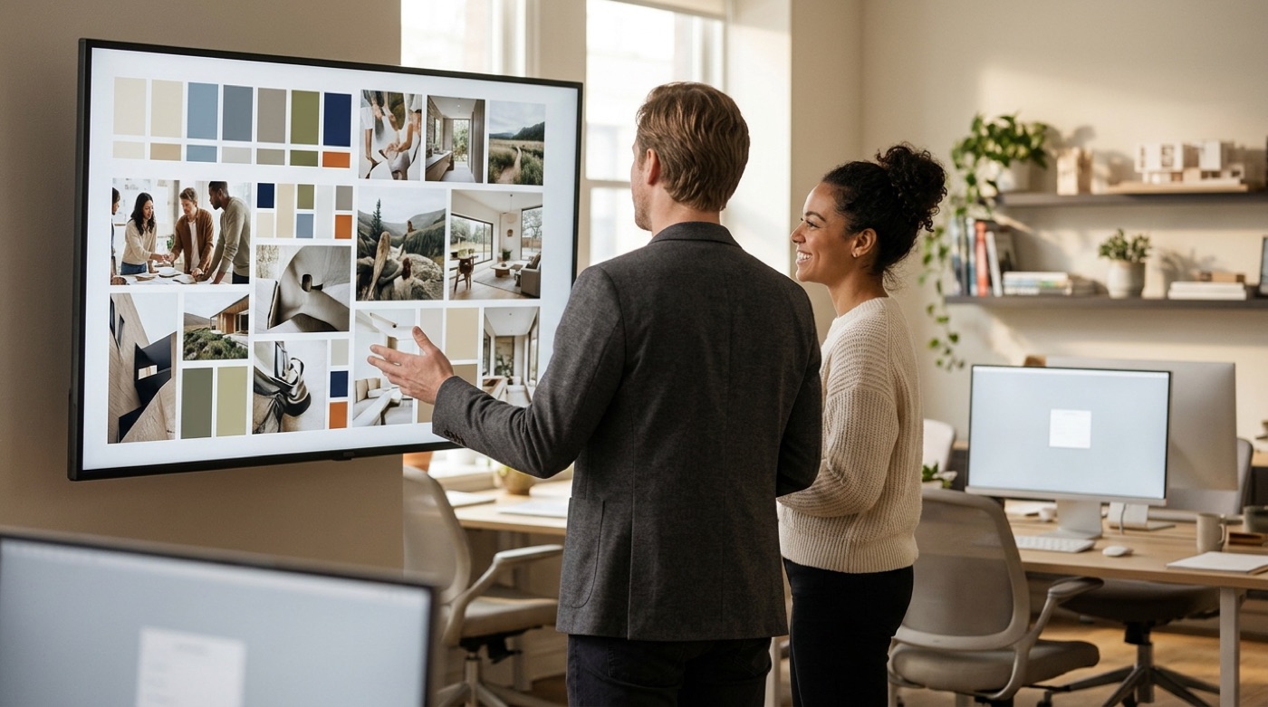 A designer and a client standing side by side in front of a large studio screen reviewing a brand visual proposal, the client looking pleased