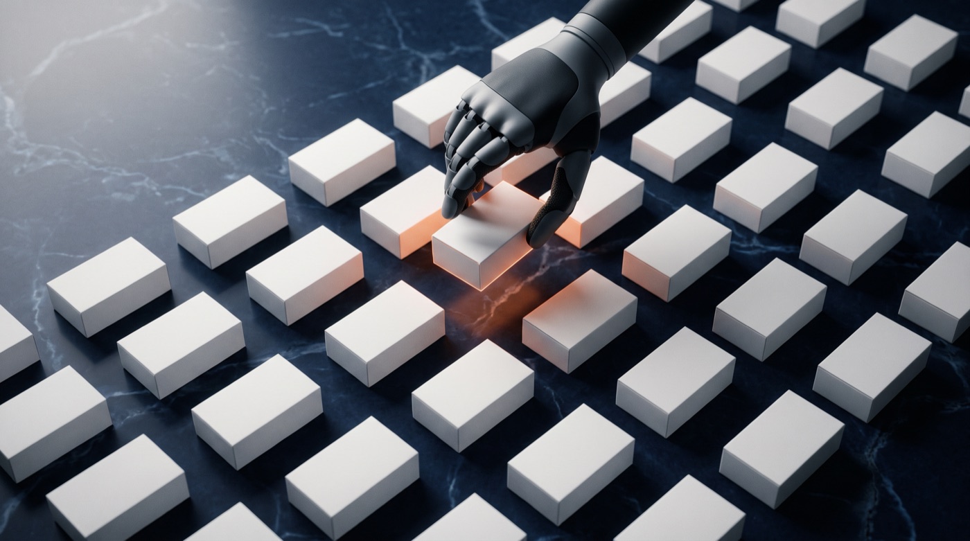 White boxes neatly arranged on dark marble, a robotic hand gently lifting one that glows orange