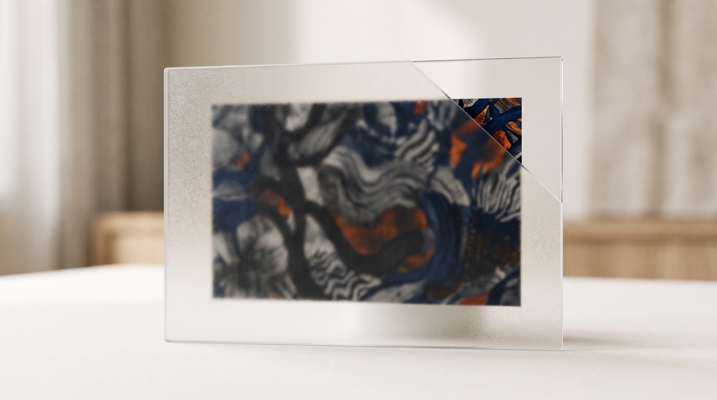 A richly colored image hidden behind frosted glass, with only one corner clear