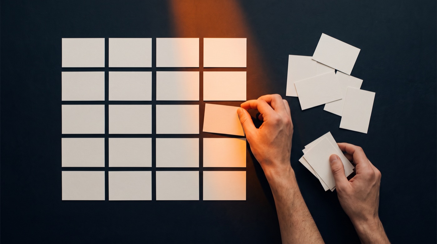 A pair of hands arranging scattered blank cards into a neat grid on a dark desk, a few lit by orange light