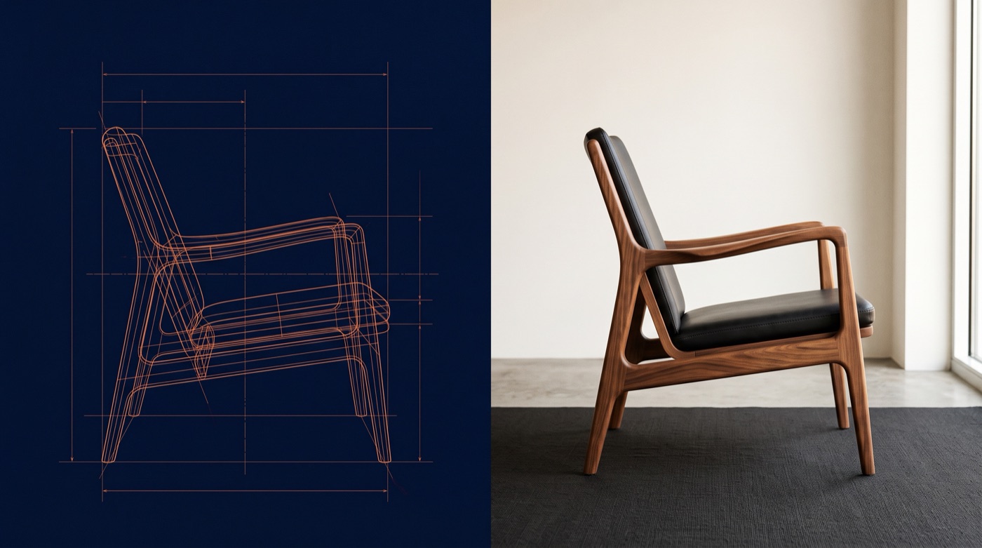 On the left an orange line drawing of a chair on navy, on the right the same finished walnut chair