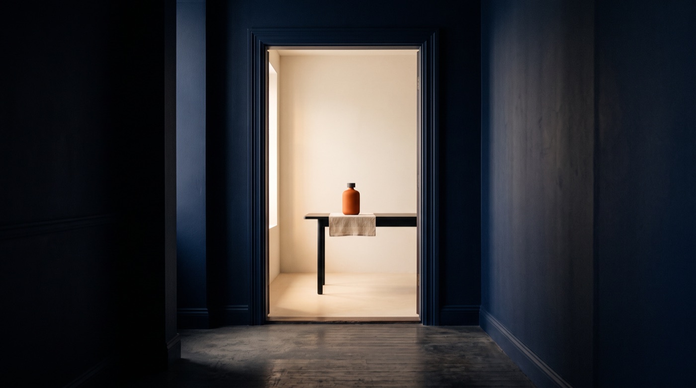 A view from a navy corridor into a warm, bright room with a single orange vessel on a table