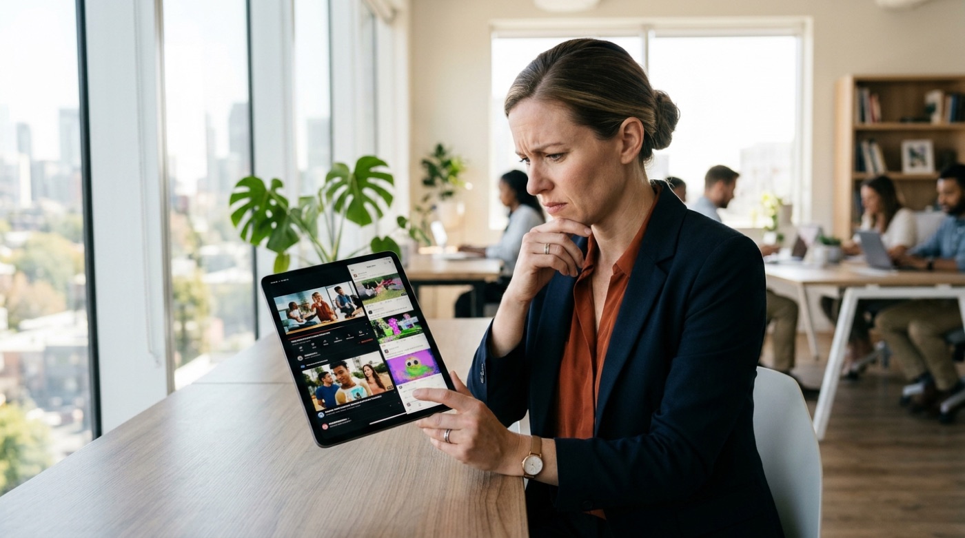 A brand manager frowning at a tablet where the company's polished video ad sits next to a feed of bizarre low-quality AI videos