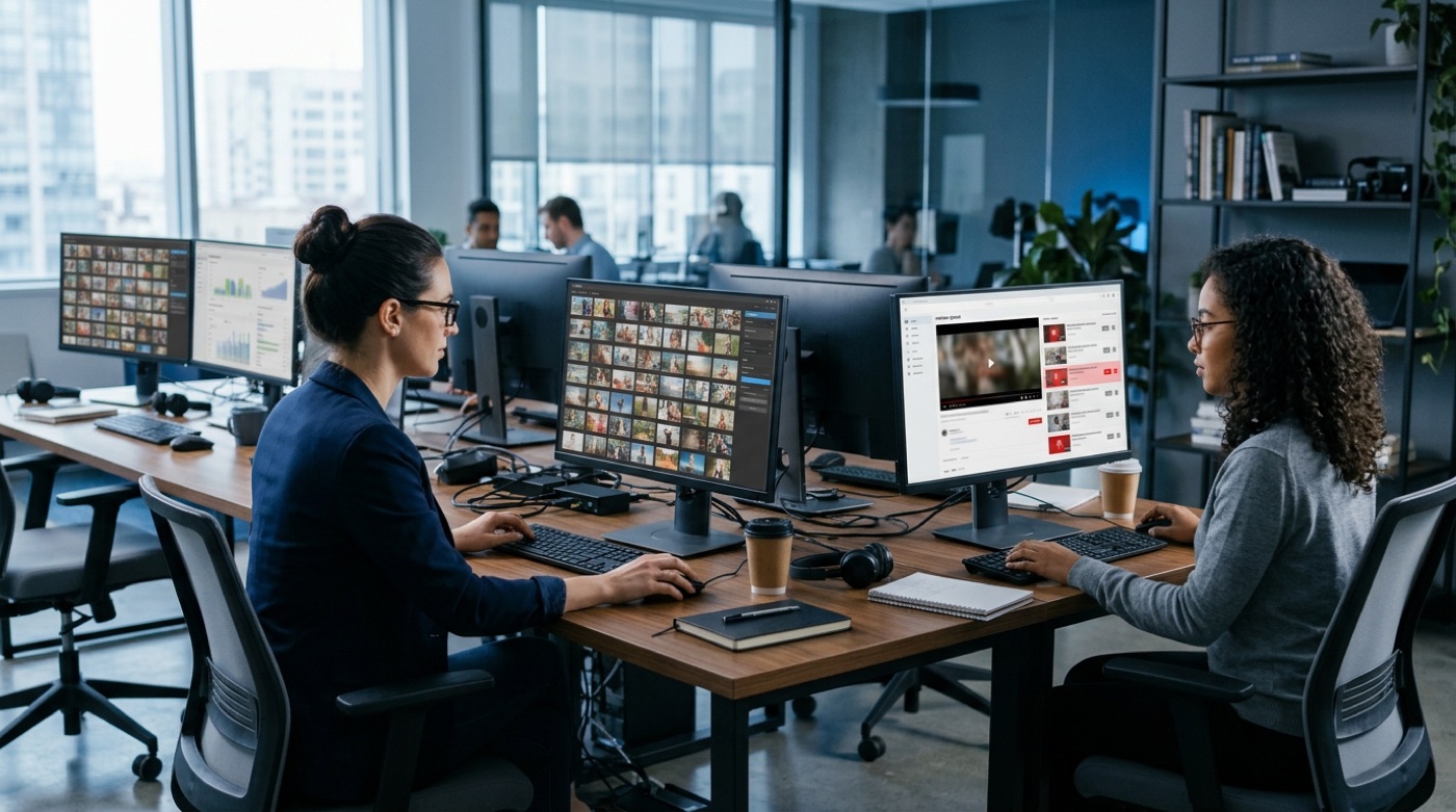 Two ad-tech analysts at a multi-monitor desk filtering thousands of video thumbnails, one marking some for exclusion in a review queue
