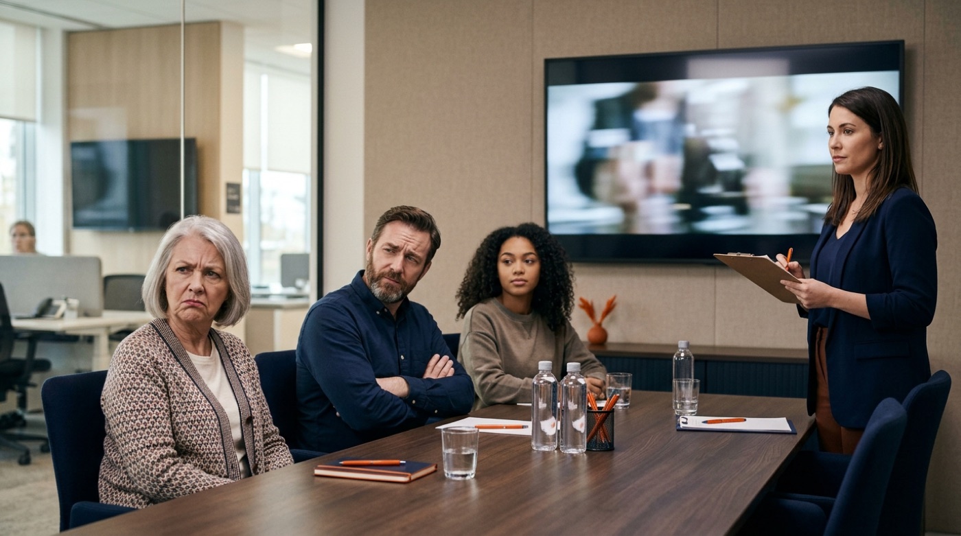 Three consumers of different ages in a focus group room watching a video ad, one frowning, one skeptical