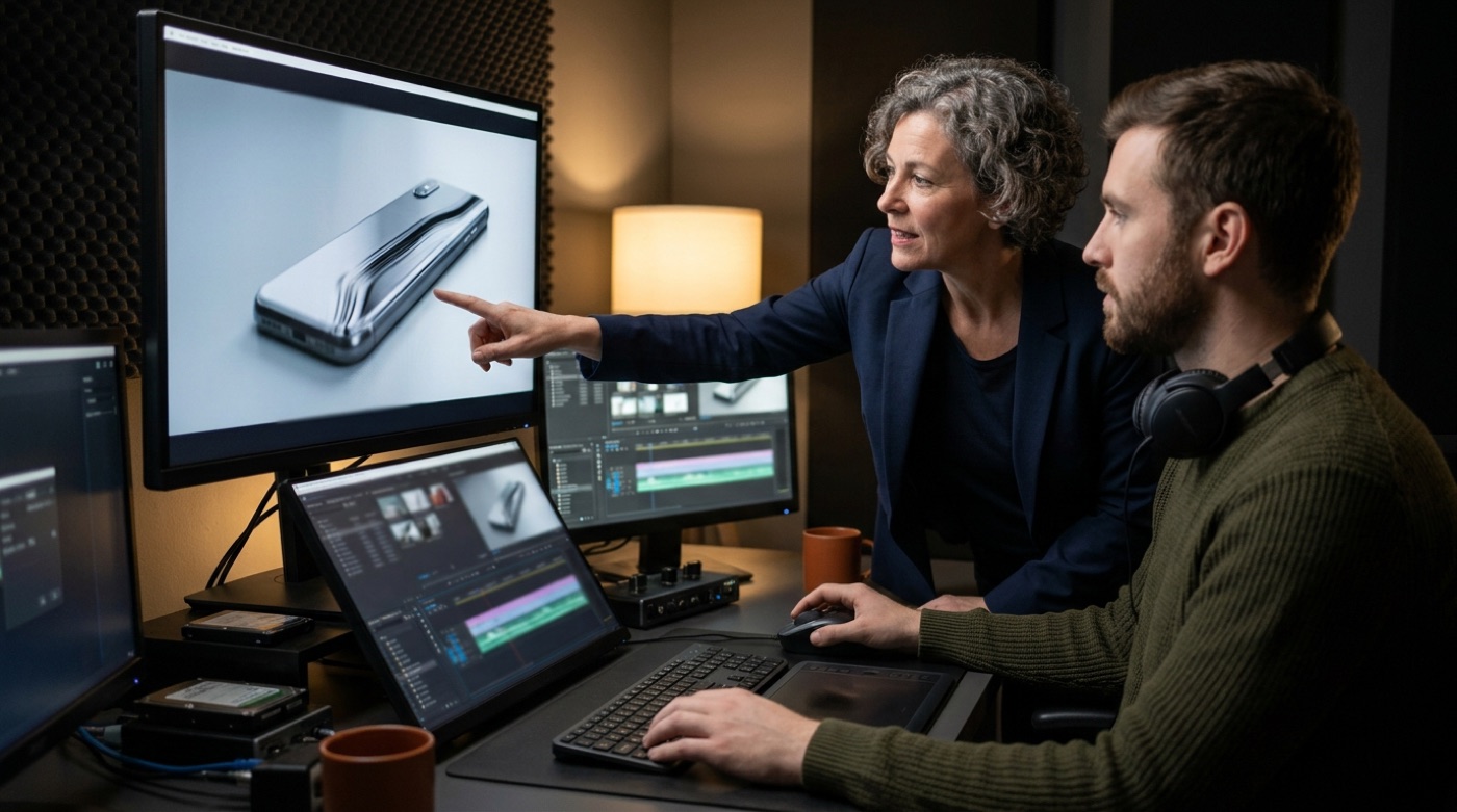 A creative director and video editor reviewing an AI-generated product video frame by frame, the director pointing at a distorted product detail