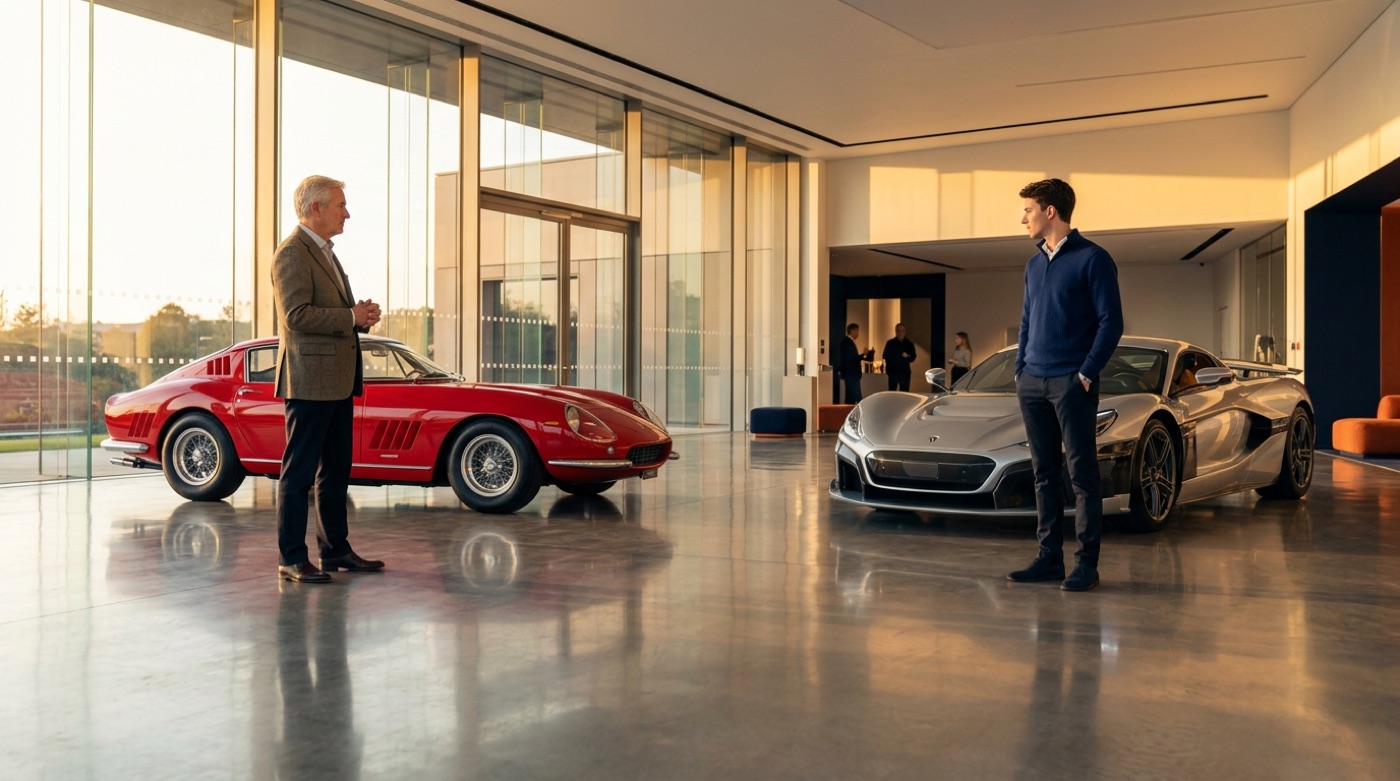 Golden light fills a glass showroom as a long-time collector stands by a classic red grand tourer and a young newcomer stands by a silver electric supercar